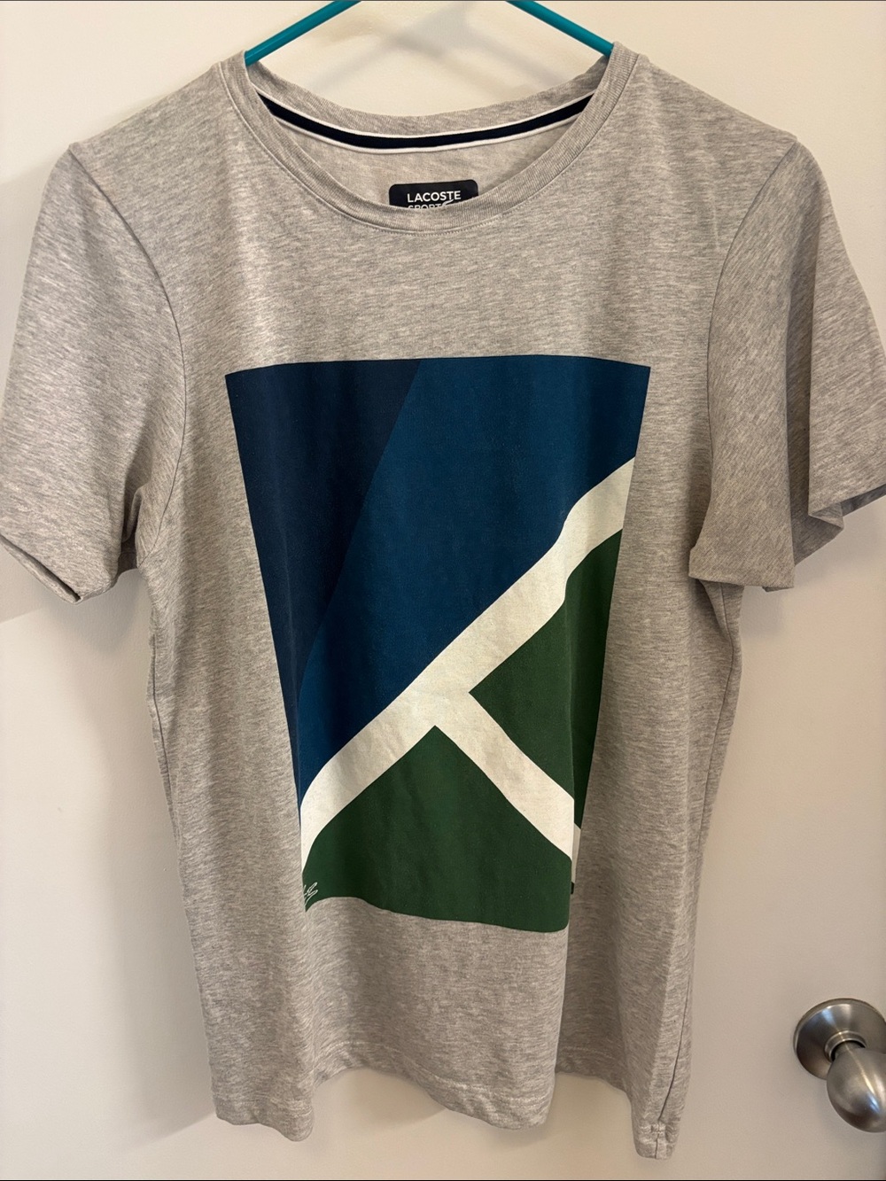 Lacoste Gray Graphic Tee with Blue & Green Block Print tennis sport